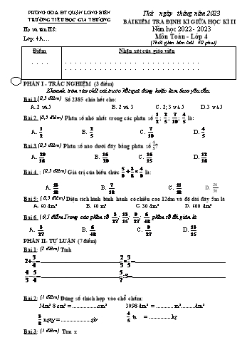 Bài kiểm tra định kì giữa học kì II môn Toán Lớp 4 - Năm học 2022-2023 - Trường Tiểu học Gia Thượng (Có đáp án)