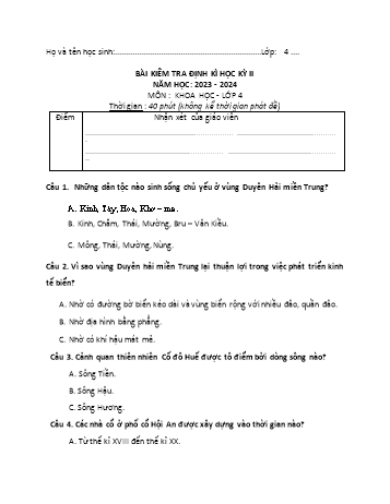 Bài kiểm tra định kì học kỳ II môn Khoa học Lớp 4 (Kết nối tri thức và cuộc sống) - Năm học 2023-2024 - Trường Tiểu học Phú Xuân