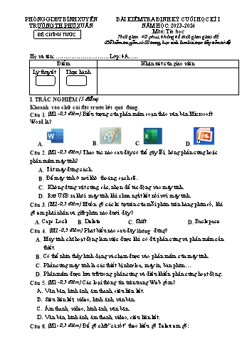 Bài kiểm tra định kỳ cuối học kì I môn Tin học Lớp 4 (Kết nối tri thức và cuộc sống) - Năm học 2023-2024 - Trường Tiểu học Phú Xuân