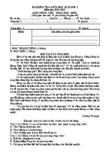 Bài kiểm tra giữa học kì II môn Tiếng Việt Lớp 4 - Năm học 2022-2023 - Trường Tiểu học Đồng Hòa