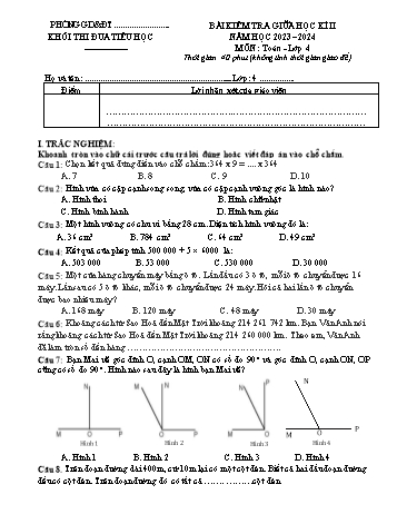 Bài kiểm tra giữa học kì II môn Toán Lớp 4 (Kết nối tri thức và cuộc sống) - Năm học 2023-2024 (Có đáp án)