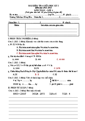 Bài kiểm tra giữa học kỳ I môn Toán Lớp 4 - Năm học 2021-2022 - Trường Tiểu học Đồng Hòa