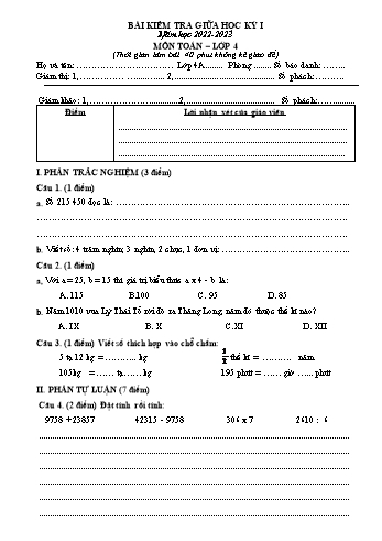Bài kiểm tra giữa học kỳ I môn Toán Lớp 4 - Năm học 2022-2023 - Trường Tiểu học Đồng Hòa