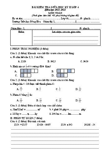 Bài kiểm tra giữa học kỳ II môn Toán Lớp 4 - Năm học 2021-2022 - Trường Tiểu học Đồng Hòa