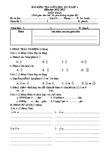 Bài kiểm tra giữa học kỳ II môn Toán Lớp 4 - Năm học 2022-2023 - Trường Tiểu học Đồng Hòa
