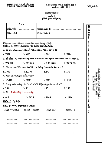 Bài kiểm tra giữa kì 1 môn Toán Lớp 4 - Năm học 2022-2023 - Trường Tiểu học Chu Minh