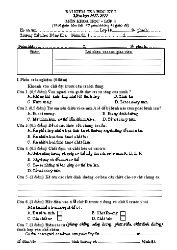 Bài kiểm tra học kỳ I môn Khoa học Lớp 4 - Năm học 2021-2022 - Trường Tiểu học Đồng Hòa