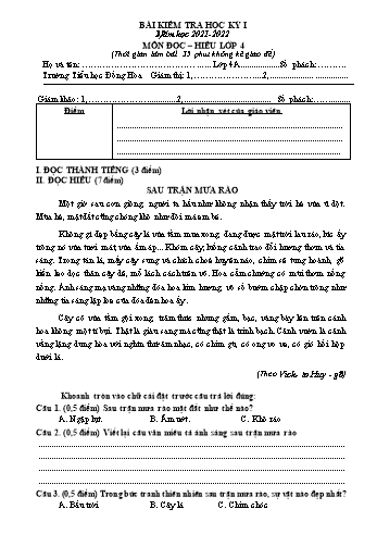 Bài kiểm tra học kỳ I môn Tiếng Việt Lớp 4 - Năm học 2021-2022 - Trường Tiểu học Đồng Hòa