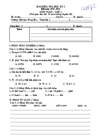 Bài kiểm tra học kỳ I môn Toán Lớp 4 - Năm học 2021-2022 - Trường Tiểu học Đồng Hòa