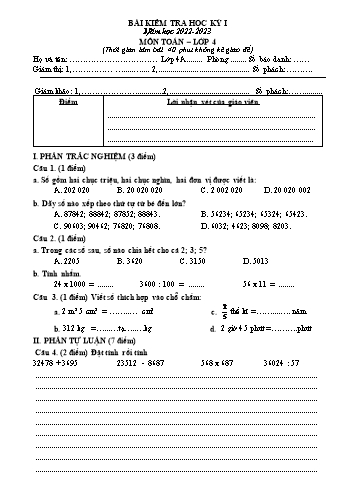 Bài kiểm tra học kỳ I môn Toán Lớp 4 - Năm học 2022-2023 - Trường Tiểu học Đồng Hòa (Có đáp án)