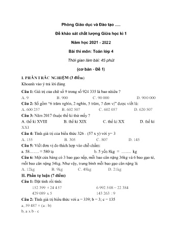 Bộ 10 đề khảo sát chất lượng giữa học kì 1 môn Toán Lớp 4 (Cơ bản) - Năm học 2021-2022 (Có đáp án)