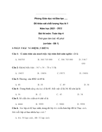 Bộ 10 đề khảo sát chất lượng học kì 1 môn Toán Lớp 4 (Cơ bản) - Năm học 2021-2022 (Có đáp án)