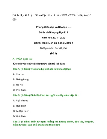 Bộ 10 đề thi chất lượng học kì 1 môn Lịch sử & Địa lí Lớp 4 - Năm học 2021-2022 (Có đáp án)