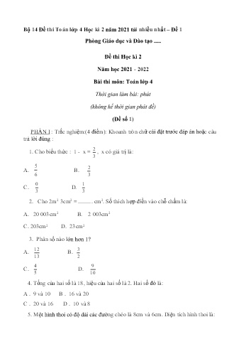 Bộ 14 đề học kì 2 môn Toán Lớp 4 - Năm học 2021-2022 (Có đáp án)