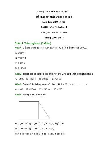 Bộ 5 đề khảo sát chất lượng học kì 1 môn Toán Lớp 4 (Nâng cao) - Năm học 2021-2022 (Có đáp án)