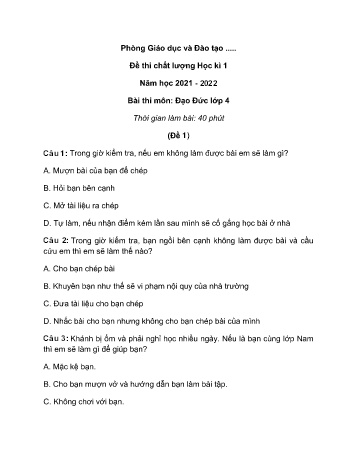 Bộ 5 đề thi chất lượng học kì 1 môn Đạo đức Lớp 4 - Năm học 2021-2022 (Có đáp án)