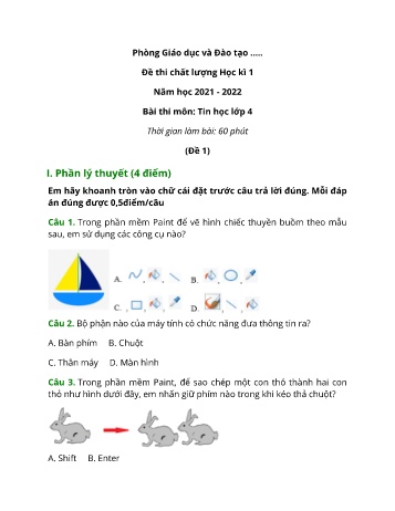 Bộ 5 đề thi chất lượng học kì 1 môn Tin học Lớp 4 - Năm học 2021-2022 (Có đáp án)