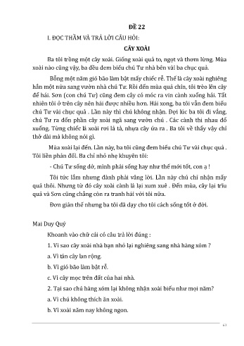 Đề đọc hiểu môn Tiếng Việt Lớp 4 - Năm học 2022-2023 - Đề 22