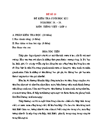 Đề kiểm tra cuối học kì 2 môn Tiếng Việt Lớp 4 (Kết nối tri thức và cuộc sống) - Năm học 2023-2024 - Đề số 10 (Có đáp án)