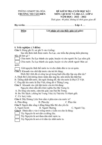 Đề kiểm tra cuối học kì I môn Lịch sử & Địa lí Lớp 4 - Năm học 2021-2022 - Trường Tiểu học Cáo Điền (Có đáp án)