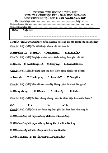 Đề kiểm tra cuối học kì II môn Công nghệ Lớp 4 (Cánh diều) - Năm học 2023-2024 - Trường Tiểu học Số 2 Thủy Phù (Có đáp án)