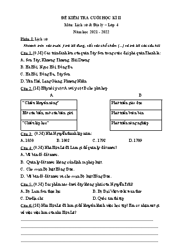 Đề kiểm tra cuối học kì II môn Lịch sử và Địa lý Lớp 4 - Năm học 2021-2022 - Trường Tiểu học Trần Phú (Có đáp án)