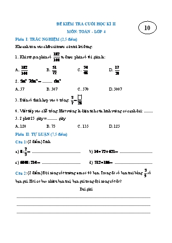 Đề kiểm tra cuối học kì II môn Toán Lớp 4 - Đề 10