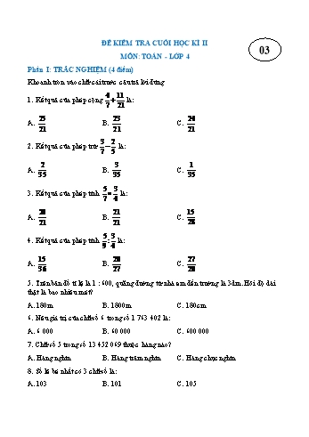 Đề kiểm tra cuối học kì II môn Toán Lớp 4 - Đề 3
