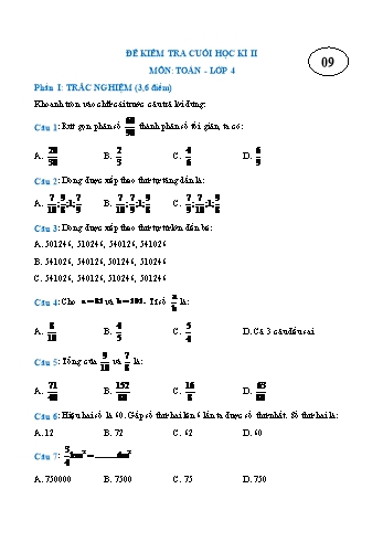 Đề kiểm tra cuối học kì II môn Toán Lớp 4 - Đề 9