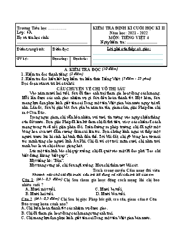 Đề kiểm tra định kì cuối học kì II môn Tiếng Việt Lớp 4 - Năm học 2021-2022 - Trường Tiểu học Cao Đức (Có đáp án)