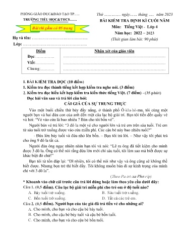Đề kiểm tra định kì cuối năm môn Tiếng Việt Lớp 4 - Năm học 2022-2023 (Có đáp án)