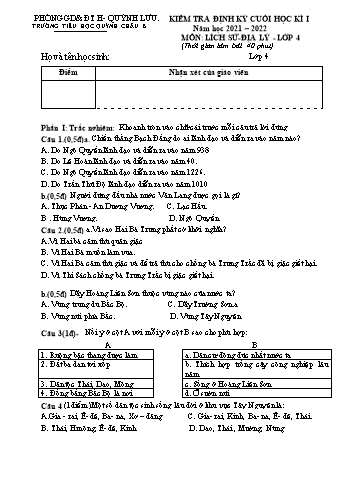 Đề kiểm tra định kỳ cuối học kì I môn Lịch sử và Địa lý Lớp 4 - Năm học 2021-2022 - Trường Tiểu học Quỳnh Châu B (Có đáp án)