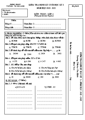 Đề kiểm tra định kỳ cuối học kỳ I môn Toán Lớp 4 - Năm học 2022-2023 - Trường Tiểu học Chu Minh (Có đáp án)