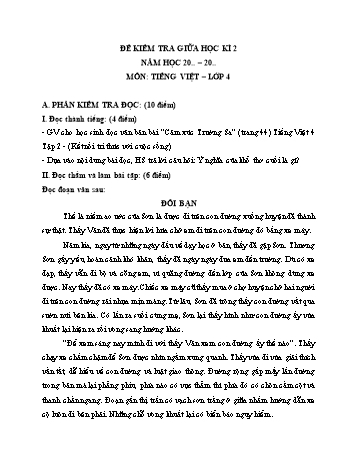 Đề kiểm tra giữa học kì 2 môn Tiếng Việt Lớp 4 (Kết nối tri thức và cuộc sống) - Năm học 2023-2024 - Đề số 2 (Có đáp án)
