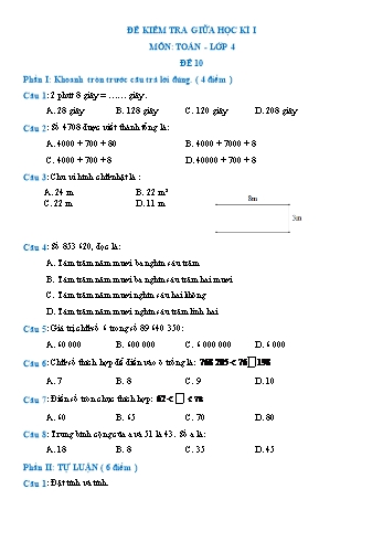 Đề kiểm tra giữa học kì I môn Toán Lớp 4 - Đề 10