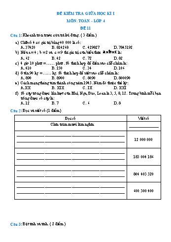 Đề kiểm tra giữa học kì I môn Toán Lớp 4 - Đề 11