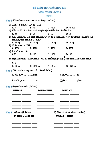 Đề kiểm tra giữa học kì I môn Toán Lớp 4 - Đề 12