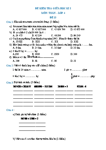 Đề kiểm tra giữa học kì I môn Toán Lớp 4 - Đề 13