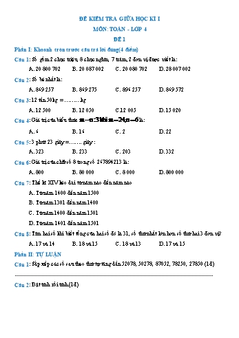 Đề kiểm tra giữa học kì I môn Toán Lớp 4 - Đề 1