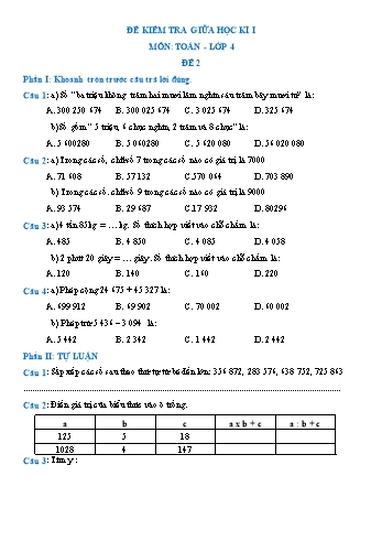 Đề kiểm tra giữa học kì I môn Toán Lớp 4 - Đề 2
