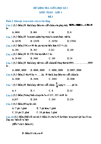 Đề kiểm tra giữa học kì I môn Toán Lớp 4 - Đề 3