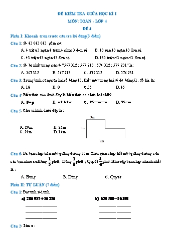 Đề kiểm tra giữa học kì I môn Toán Lớp 4 - Đề 4