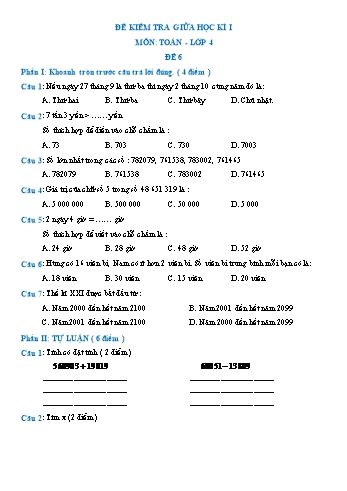 Đề kiểm tra giữa học kì I môn Toán Lớp 4 - Đề 6