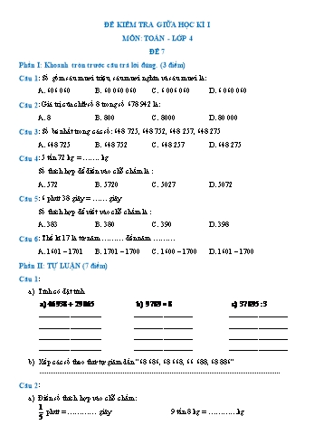 Đề kiểm tra giữa học kì I môn Toán Lớp 4 - Đề 7