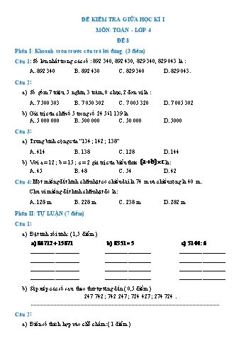 Đề kiểm tra giữa học kì I môn Toán Lớp 4 - Đề 8