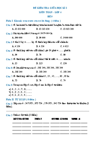 Đề kiểm tra giữa học kì I môn Toán Lớp 4 - Đề 9