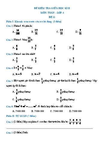 Đề kiểm tra giữa học kì II môn Toán Lớp 4 - Đề 11