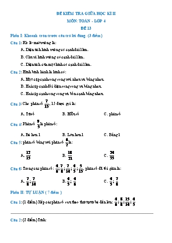 Đề kiểm tra giữa học kì II môn Toán Lớp 4 - Đề 13