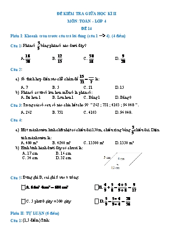 Đề kiểm tra giữa học kì II môn Toán Lớp 4 - Đề 14