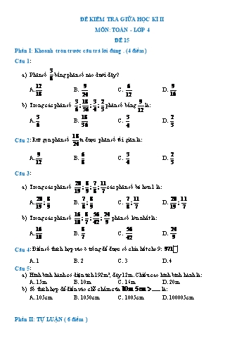 Đề kiểm tra giữa học kì II môn Toán Lớp 4 - Đề 15
